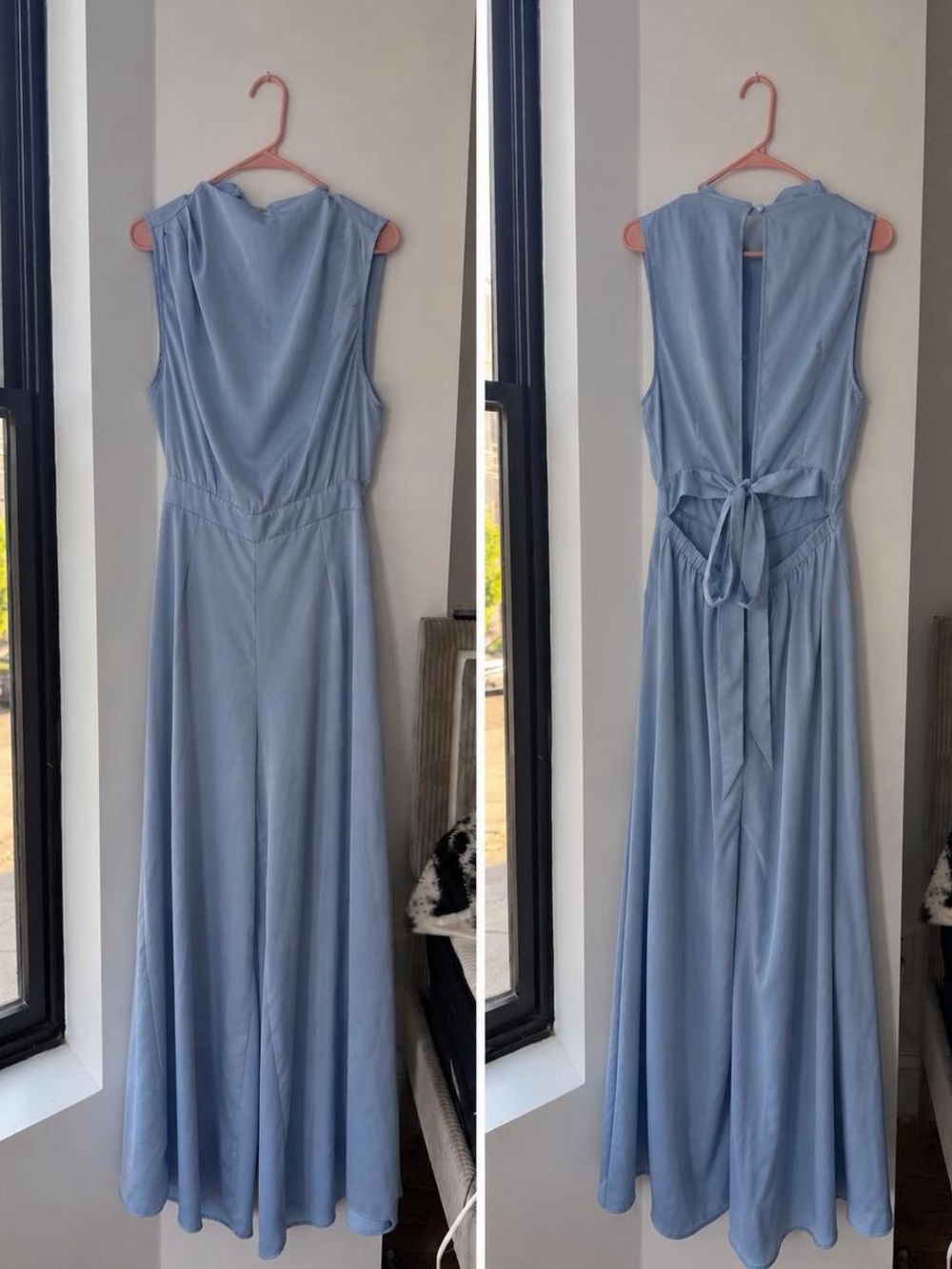Elegant Sleeveless Light Blue Maxi Jumpsuit with Back Tie